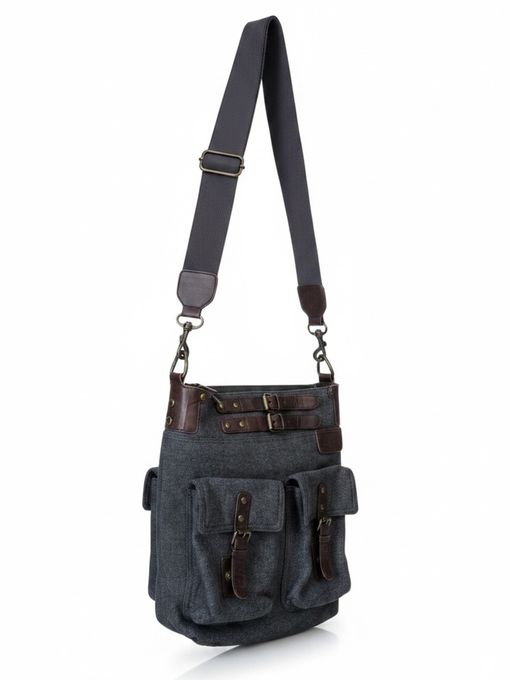 Sundance Gray Wool Crossbody Messenger Bag with Brown Leather Trim